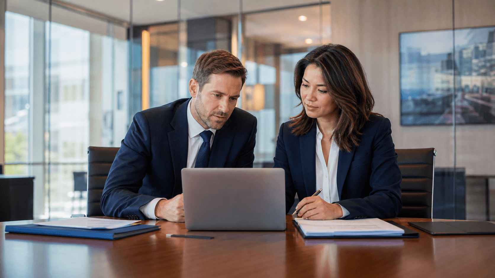 Attorneys reviewing pilot partnership details in a modern law firm conference room