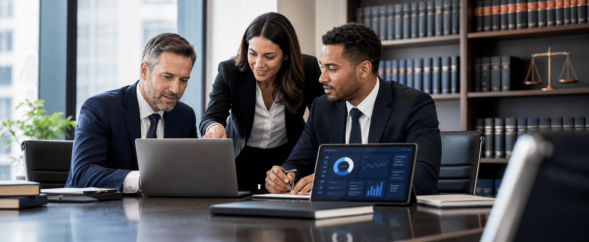 Personal injury law firm professionals reviewing organized intake information in an office.