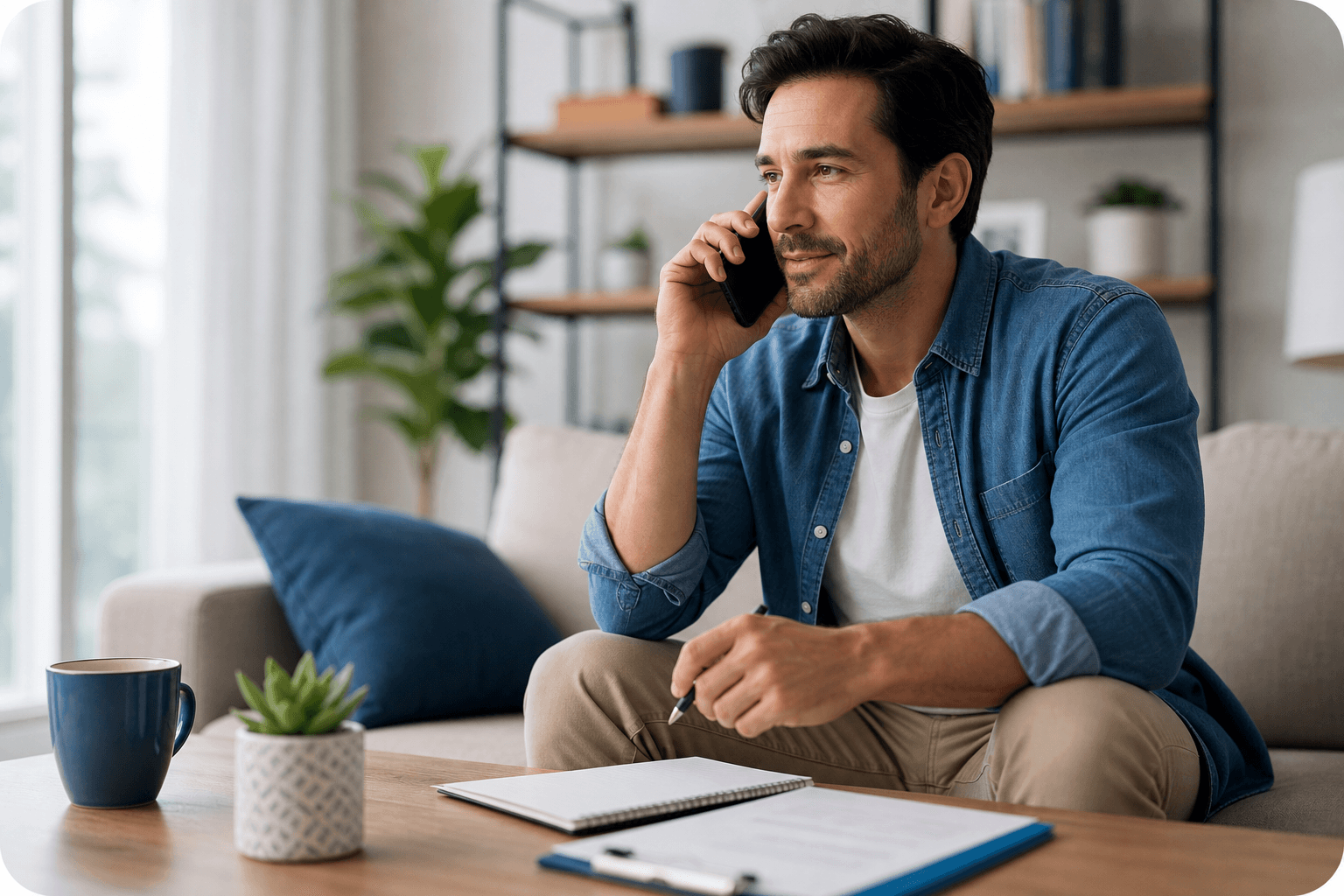 Person speaking calmly on the phone after a personal injury firm review.