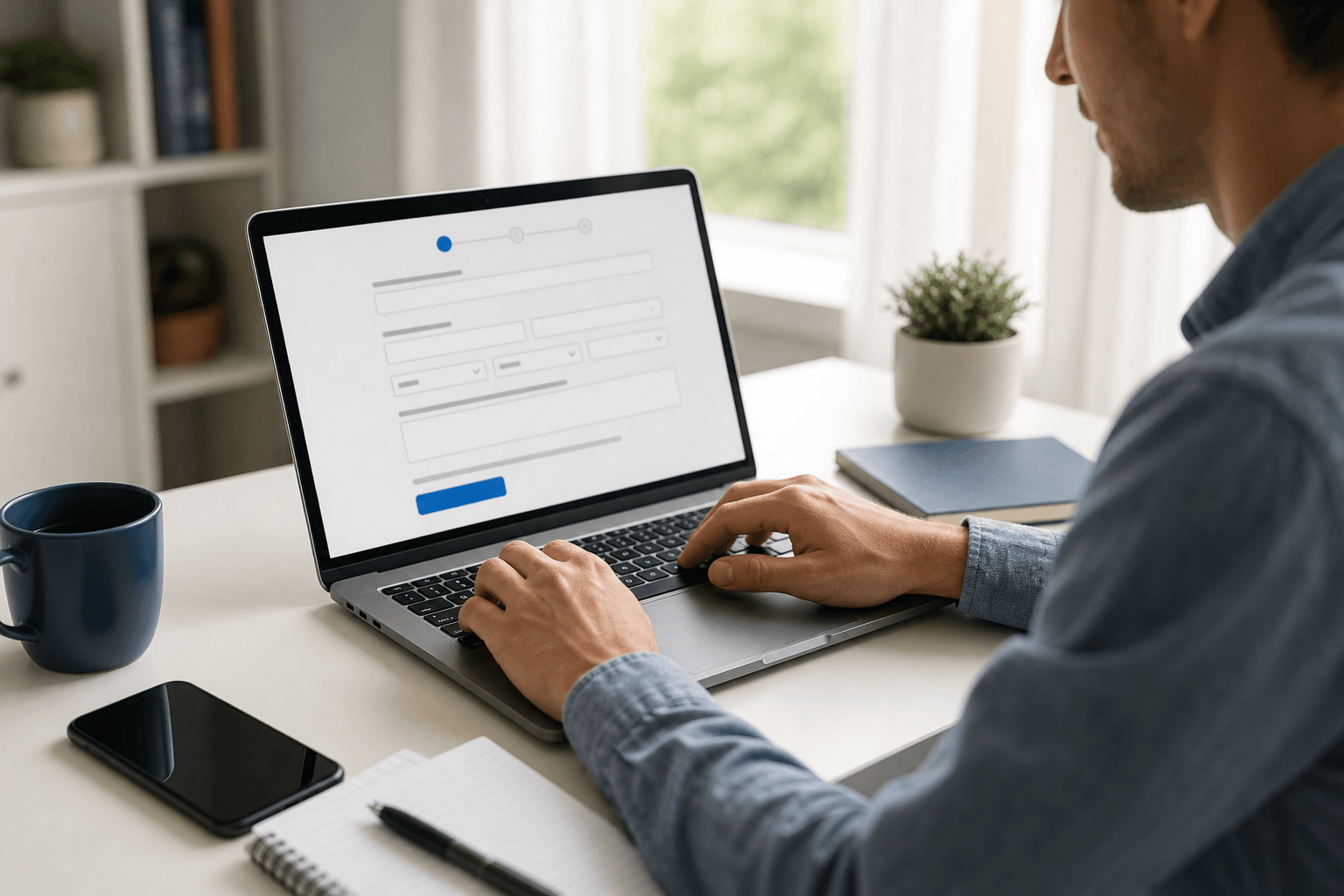 Person submitting online injury intake information from a laptop.