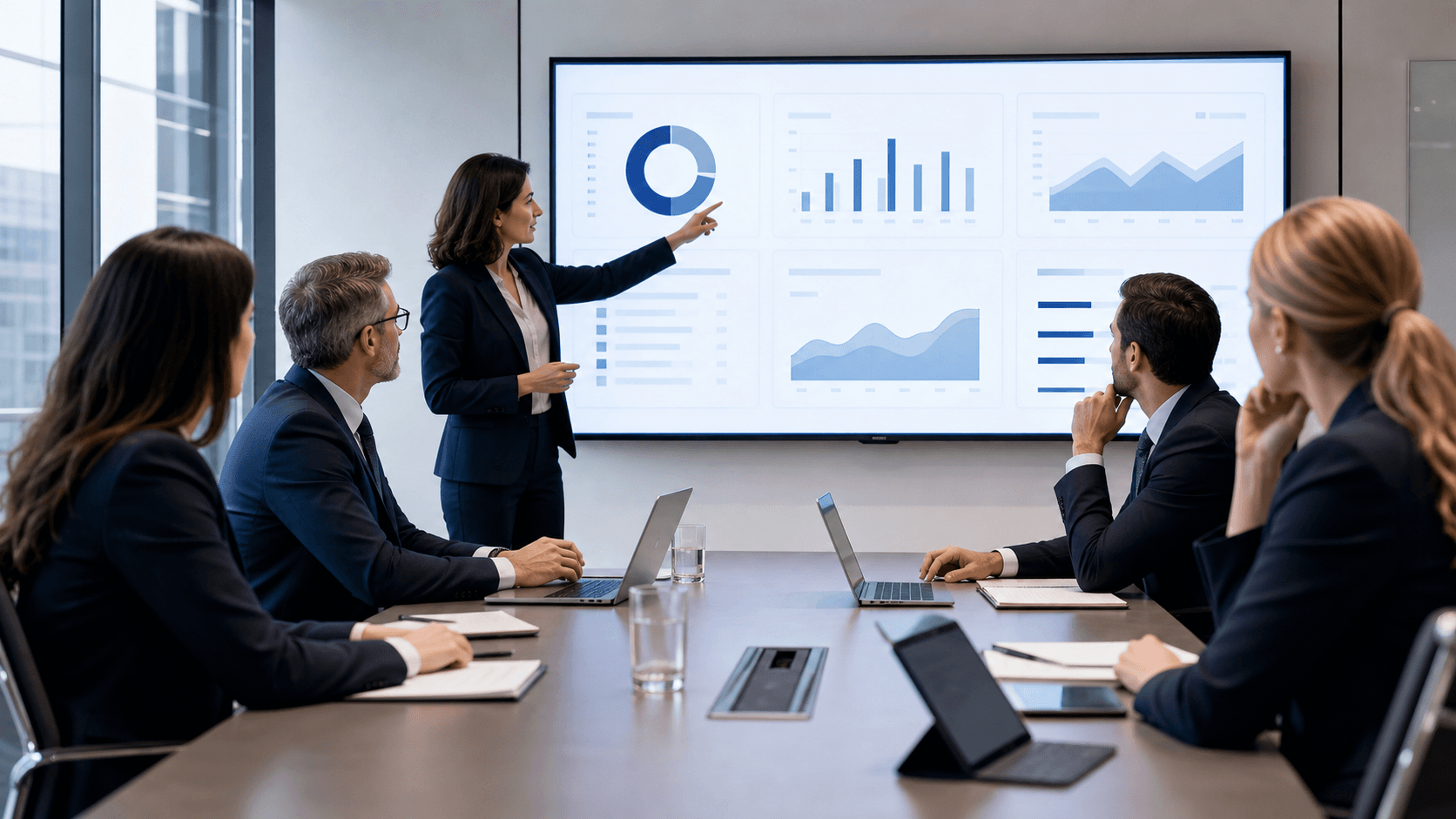 Law firm team reviewing structured intake records in a professional meeting